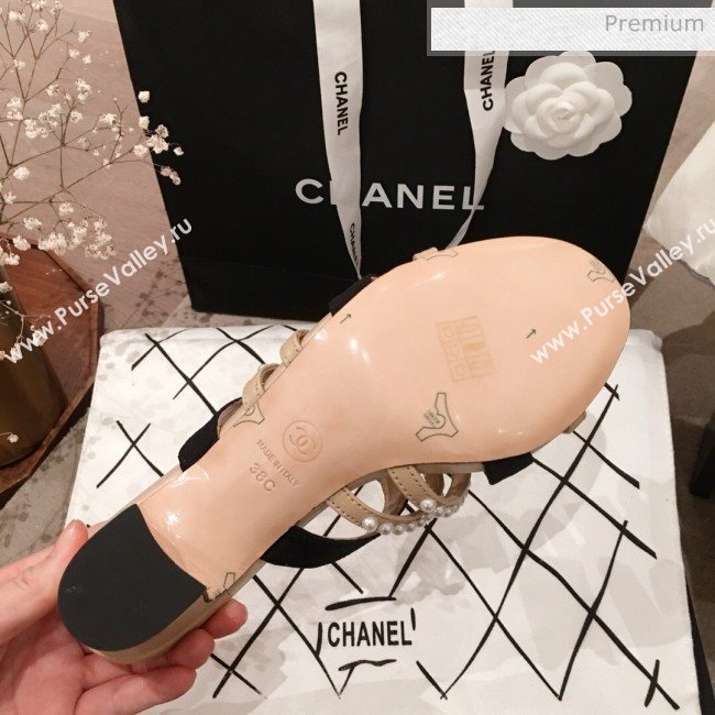 Chanel Lambskin Pearl Straps Mule Sandals G35381 70MM Beige 2020 (KL-20062824)