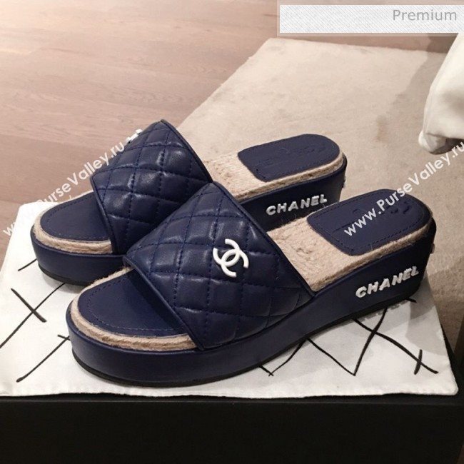 Chanel Quilted Leather Platform Mule Slide Sandals Blue 2020 (KL-20062826)