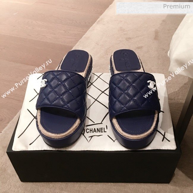 Chanel Quilted Leather Platform Mule Slide Sandals Blue 2020 (KL-20062826)