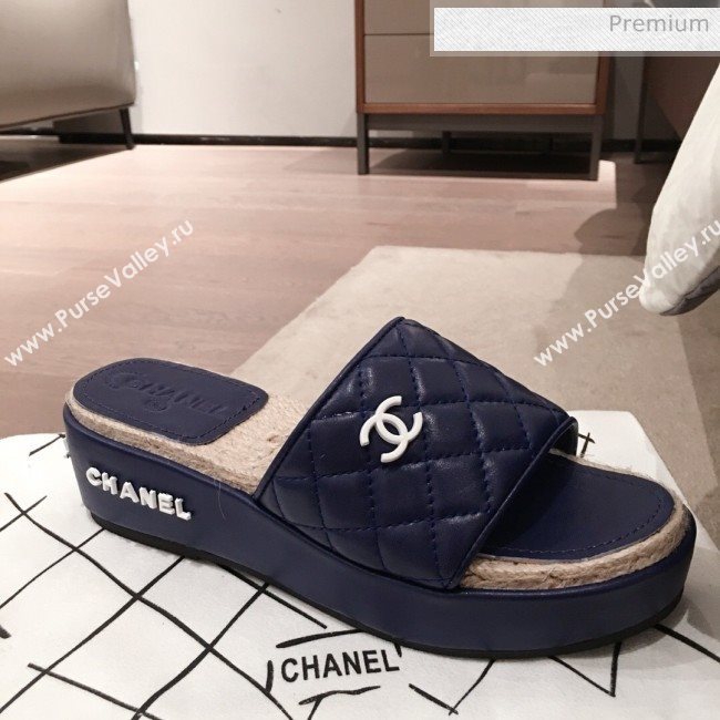 Chanel Quilted Leather Platform Mule Slide Sandals Blue 2020 (KL-20062826)