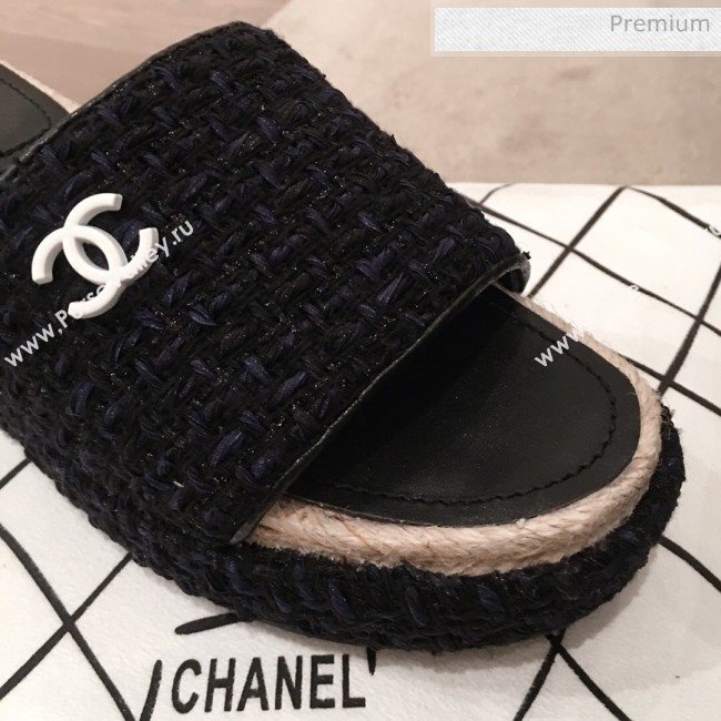 Chanel Tweed Platform Mule Slide Sandals Black 2020 (KL-20062827)