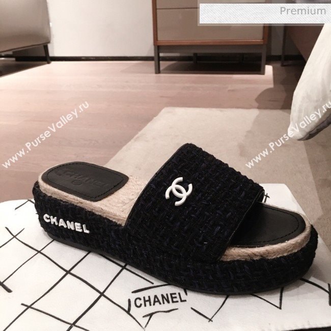 Chanel Tweed Platform Mule Slide Sandals Black 2020 (KL-20062827)