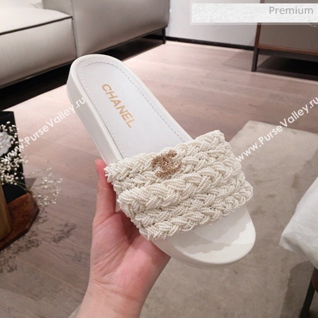 Chanel Tweed Pearls Flat Mule Slide Sandals G35696 White 2020 (KL-20062861)