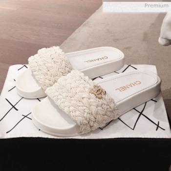 Chanel Tweed Pearls Flat Mule Slide Sandals G35696 White 2020 (KL-20062861)