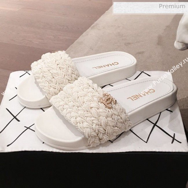 Chanel Tweed Pearls Flat Mule Slide Sandals G35696 White 2020 (KL-20062861)