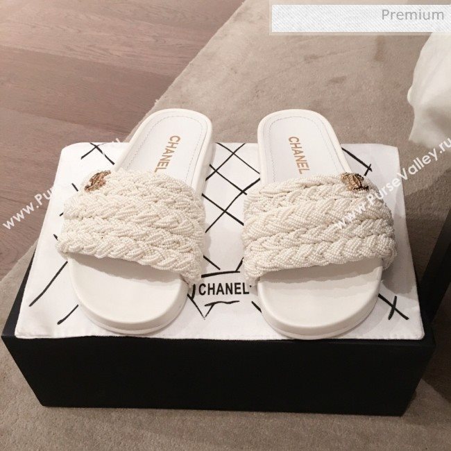 Chanel Tweed Pearls Flat Mule Slide Sandals G35696 White 2020 (KL-20062861)