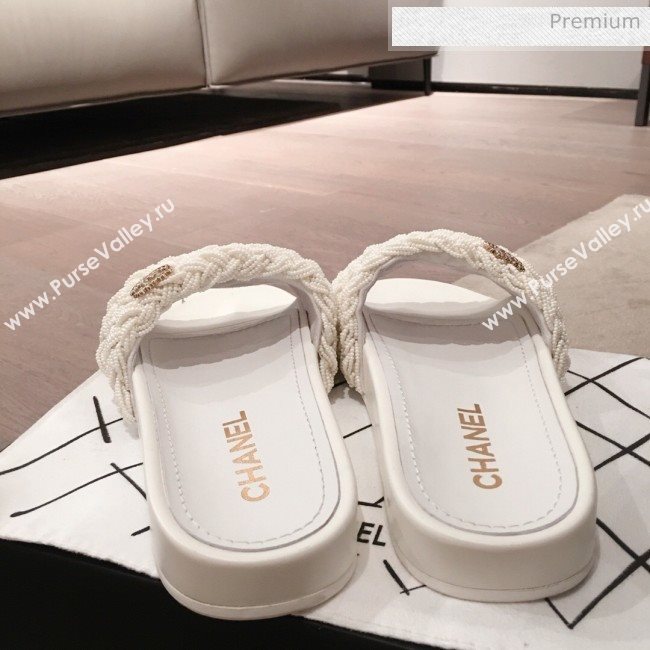 Chanel Tweed Pearls Flat Mule Slide Sandals G35696 White 2020 (KL-20062861)