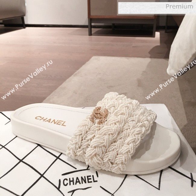 Chanel Tweed Pearls Flat Mule Slide Sandals G35696 White 2020 (KL-20062861)