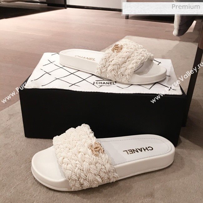Chanel Tweed Pearls Flat Mule Slide Sandals G35696 White 2020 (KL-20062861)