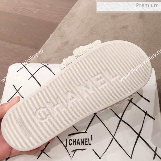 Chanel Tweed Pearls Flat Mule Slide Sandals G35696 White 2020 (KL-20062861)