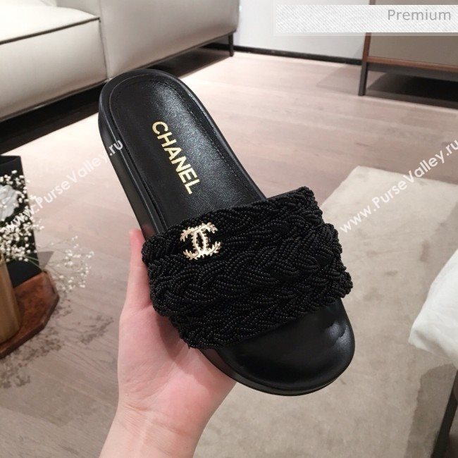 Chanel Tweed Pearls Flat Mule Slide Sandals G35696 Black 2020 (KL-20062860)