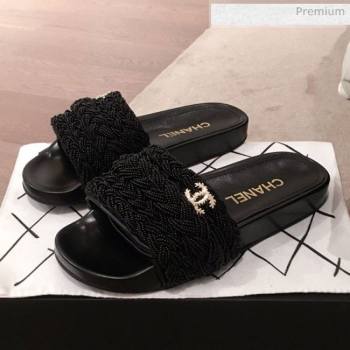 Chanel Tweed Pearls Flat Mule Slide Sandals G35696 Black 2020 (KL-20062860)