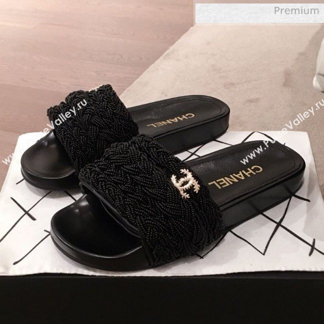 Chanel Tweed Pearls Flat Mule Slide Sandals G35696 Black 2020 (KL-20062860)
