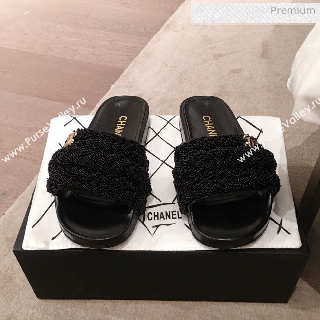 Chanel Tweed Pearls Flat Mule Slide Sandals G35696 Black 2020 (KL-20062860)