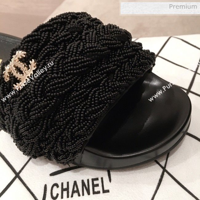 Chanel Tweed Pearls Flat Mule Slide Sandals G35696 Black 2020 (KL-20062860)