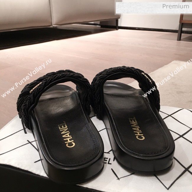 Chanel Tweed Pearls Flat Mule Slide Sandals G35696 Black 2020 (KL-20062860)