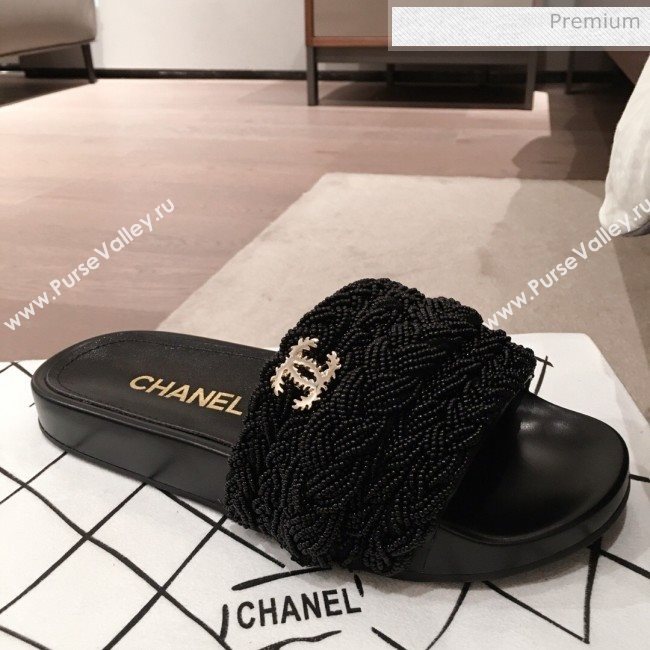 Chanel Tweed Pearls Flat Mule Slide Sandals G35696 Black 2020 (KL-20062860)