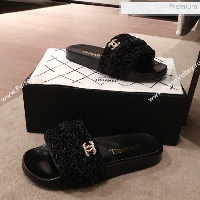 Chanel Tweed Pearls Flat Mule Slide Sandals G35696 Black 2020 (KL-20062860)