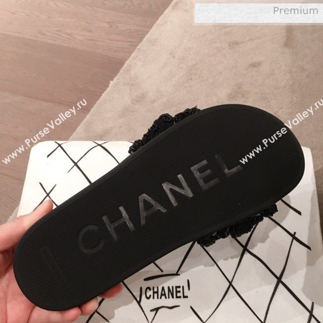 Chanel Tweed Pearls Flat Mule Slide Sandals G35696 Black 2020 (KL-20062860)