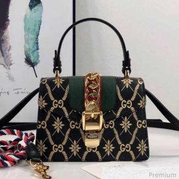 Gucci Sylvie Flower GG Leather Mini Bag 470270 Black 2020 (DLH-20070110)