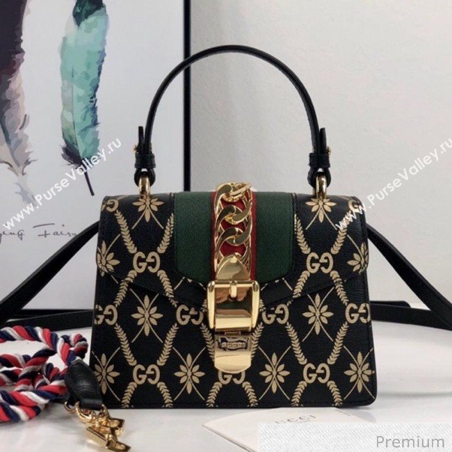 Gucci Sylvie Flower GG Leather Mini Bag 470270 Black 2020 (DLH-20070110)