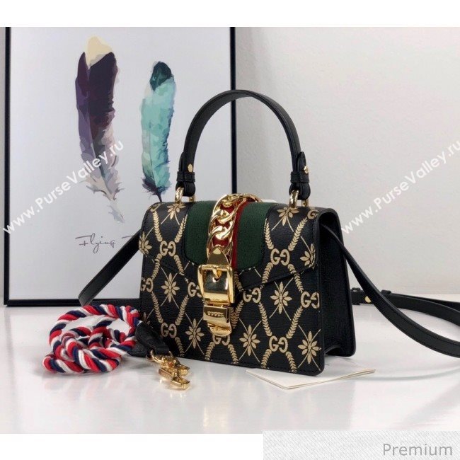Gucci Sylvie Flower GG Leather Mini Bag 470270 Black 2020 (DLH-20070110)