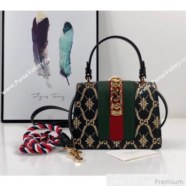 Gucci Sylvie Flower GG Leather Mini Bag 470270 Black 2020 (DLH-20070110)