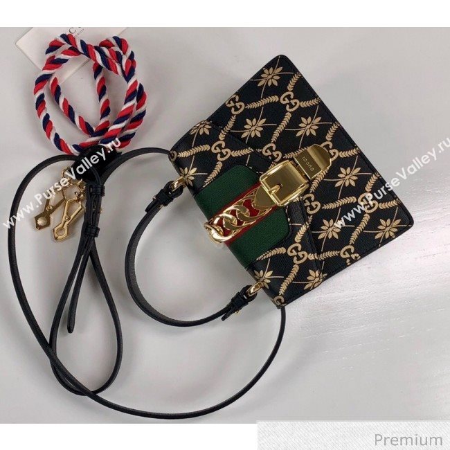 Gucci Sylvie Flower GG Leather Mini Bag 470270 Black 2020 (DLH-20070110)
