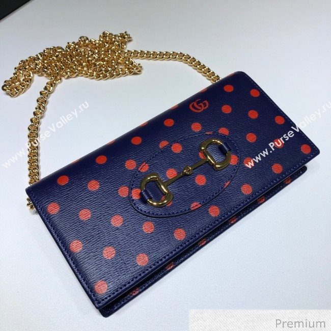 Gucci Horsebit 1955 Polka Dot Leather Wallet with Chain WOC ‎621892 Blue 2020 (DLH-20070122)