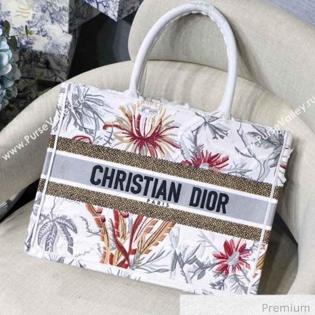 Dior Small Book Tote in Flower Embroidered Canvas Light Grey 2020 (BF-20070227)