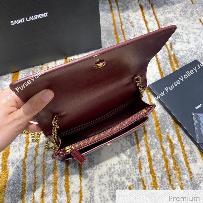 Saint Laurent Sunset Chain Wallet in Smooth Leather 533026 Burgundy 2020 (JD-20070303)