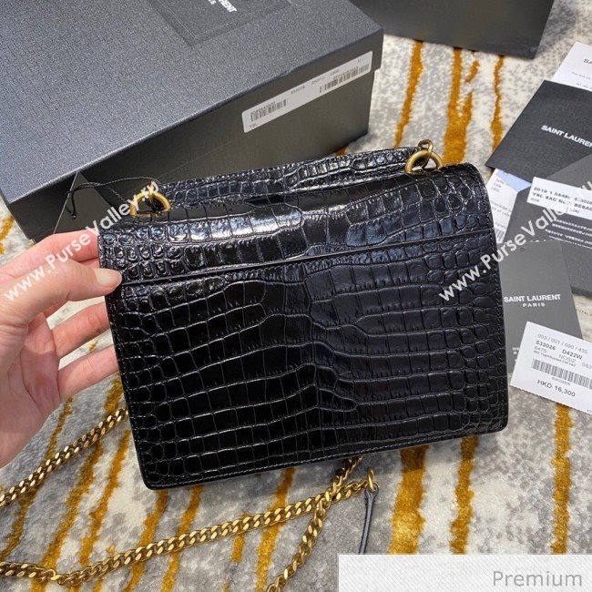 Saint Laurent Sunset Chain Wallet in Crocodile Embossed Leather 533026 Black/Gold 2020 (JD-20070302)