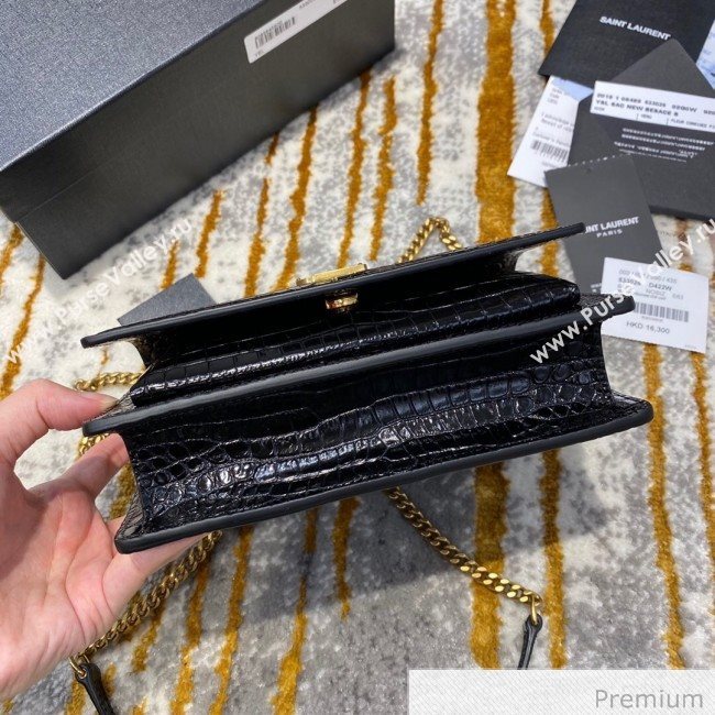 Saint Laurent Sunset Chain Wallet in Crocodile Embossed Leather 533026 Black/Gold 2020 (JD-20070302)