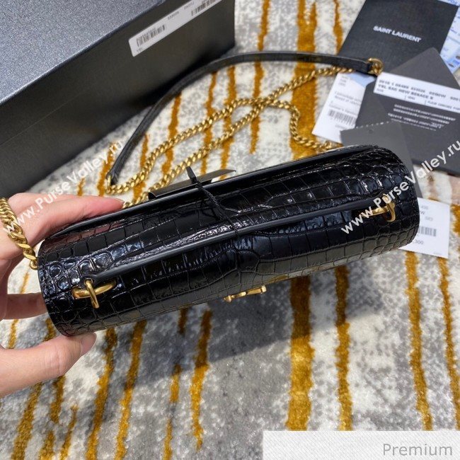 Saint Laurent Sunset Chain Wallet in Crocodile Embossed Leather 533026 Black/Gold 2020 (JD-20070302)