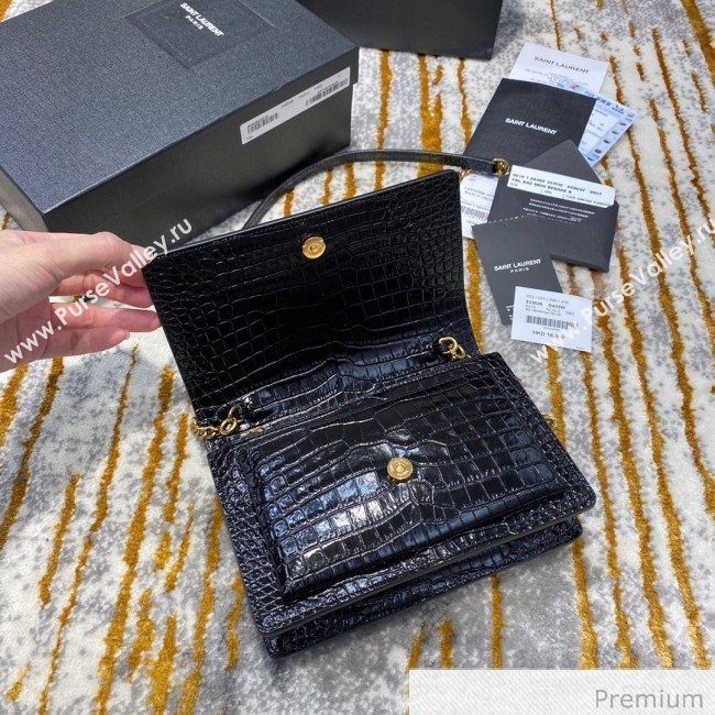 Saint Laurent Sunset Chain Wallet in Crocodile Embossed Leather 533026 Black/Gold 2020 (JD-20070302)