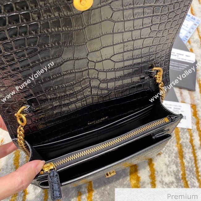 Saint Laurent Sunset Chain Wallet in Crocodile Embossed Leather 533026 Black/Gold 2020 (JD-20070302)