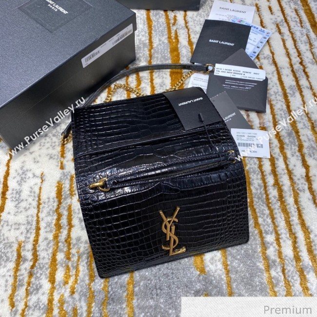 Saint Laurent Sunset Chain Wallet in Crocodile Embossed Leather 533026 Black/Gold 2020 (JD-20070302)