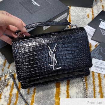 Saint Laurent Sunset Chain Wallet in Crocodile Embossed Leather 533026 Black/Silver 2020 (JD-20070305)