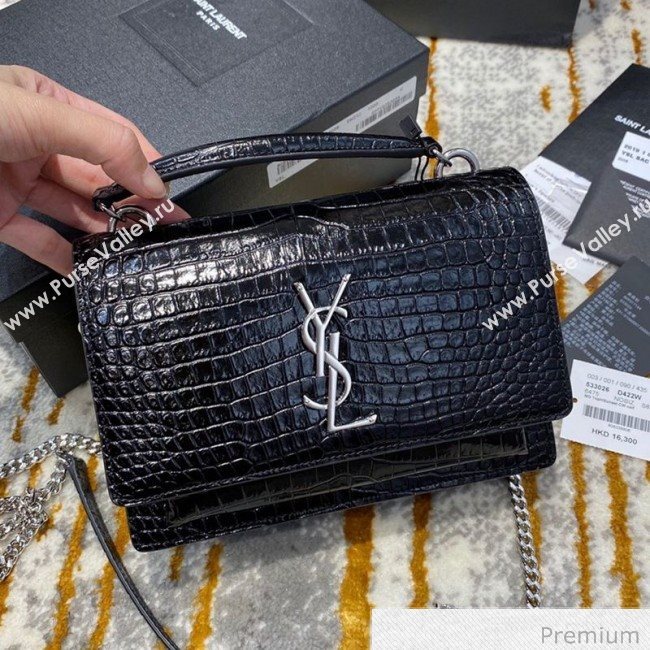 Saint Laurent Sunset Chain Wallet in Crocodile Embossed Leather 533026 Black/Silver 2020 (JD-20070305)