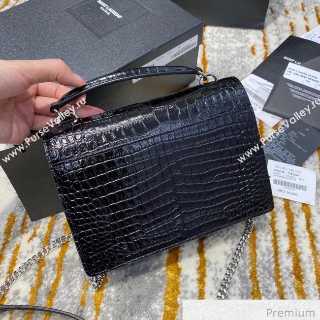 Saint Laurent Sunset Chain Wallet in Crocodile Embossed Leather 533026 Black/Silver 2020 (JD-20070305)