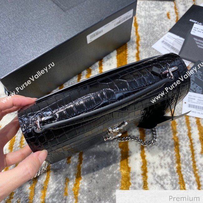 Saint Laurent Sunset Chain Wallet in Crocodile Embossed Leather 533026 Black/Silver 2020 (JD-20070305)