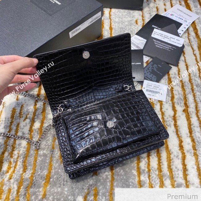 Saint Laurent Sunset Chain Wallet in Crocodile Embossed Leather 533026 Black/Silver 2020 (JD-20070305)