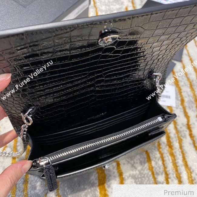 Saint Laurent Sunset Chain Wallet in Crocodile Embossed Leather 533026 Black/Silver 2020 (JD-20070305)