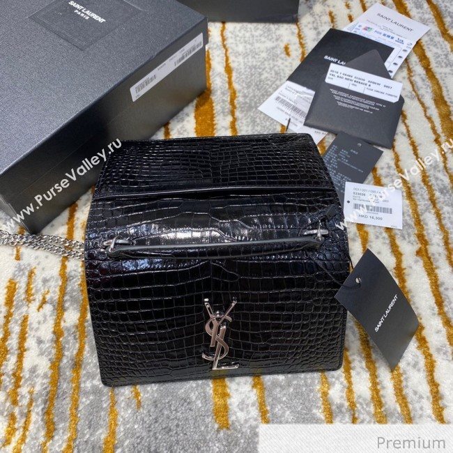 Saint Laurent Sunset Chain Wallet in Crocodile Embossed Leather 533026 Black/Silver 2020 (JD-20070305)