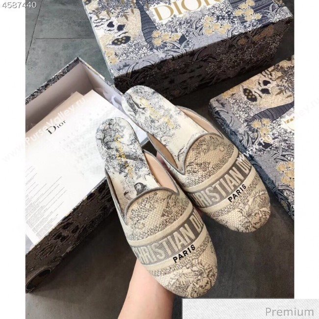 Dior Toile de Jouy Embroidered Canvas Flat Off Mules Grey 2020 (EM-20070405)