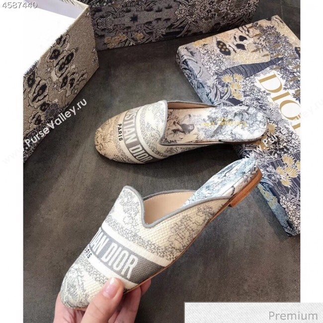 Dior Toile de Jouy Embroidered Canvas Flat Off Mules Grey 2020 (EM-20070405)