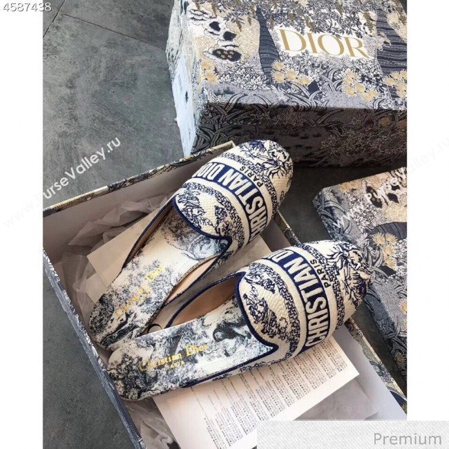 Dior Toile de Jouy Embroidered Canvas Flat Off Mules Blue 2020 (EM-20070406)