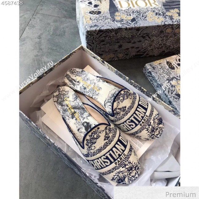 Dior Toile de Jouy Embroidered Canvas Flat Off Mules Blue 2020 (EM-20070406)