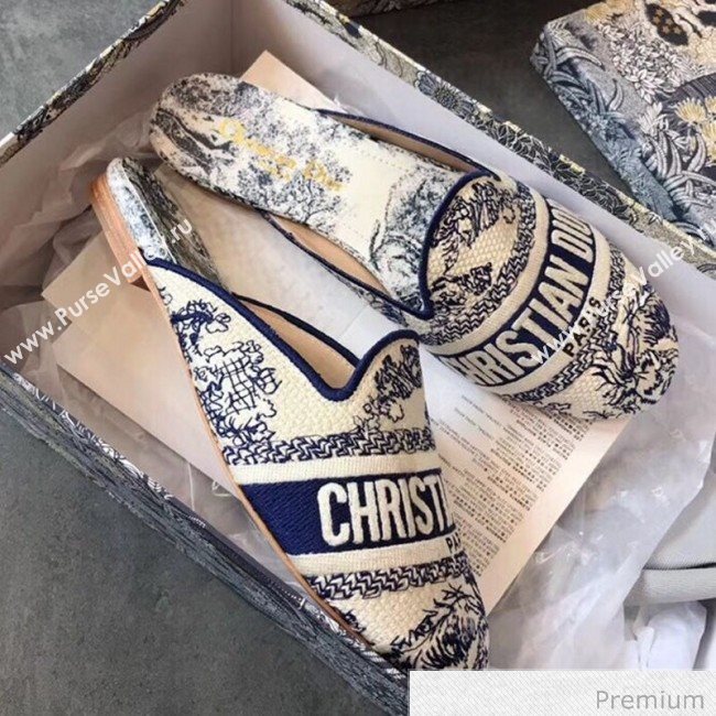 Dior Toile de Jouy Embroidered Canvas Flat Off Mules Blue 2020 (EM-20070406)