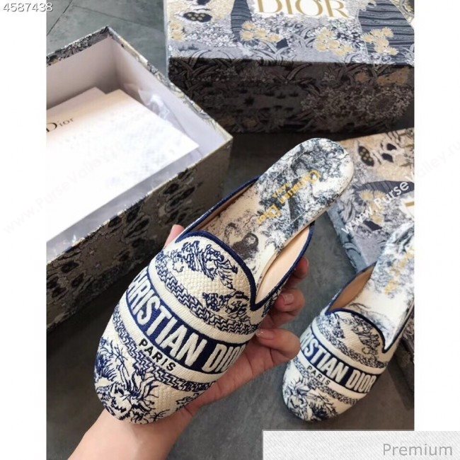 Dior Toile de Jouy Embroidered Canvas Flat Off Mules Blue 2020 (EM-20070406)